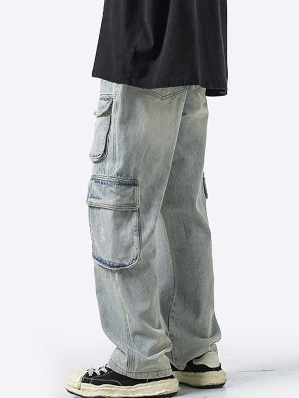 Jeans cargo lavados con diseño de bolsillo desgastado para hombre-2
