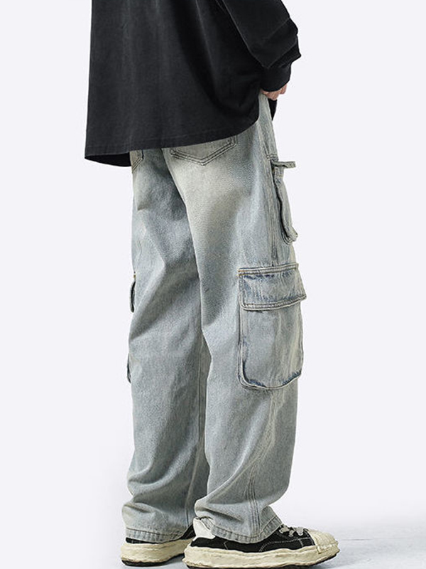 Jeans cargo lavados con diseño de bolsillo desgastado para hombre-1