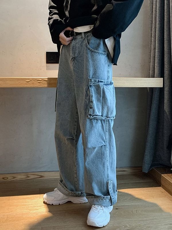 Jeans sueltos con parche de bolsillo lavado para hombre-3