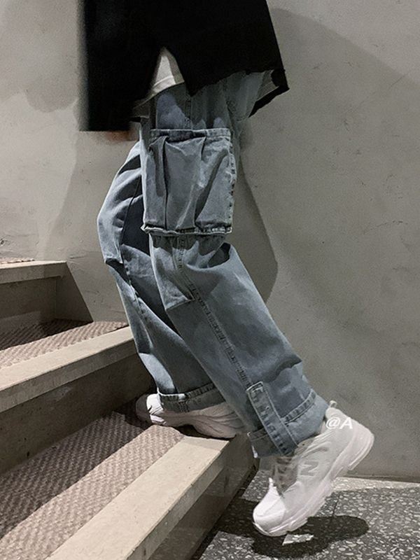 Jeans sueltos con parche de bolsillo lavado para hombre-2