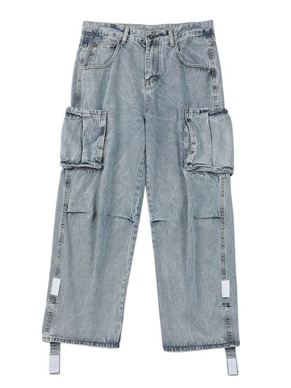 Jeans sueltos con parche de bolsillo lavado para hombre-6