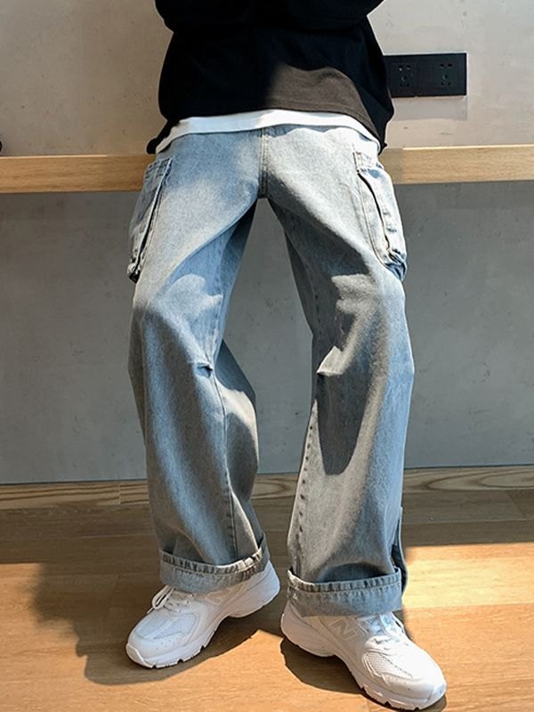 Jeans sueltos con parche de bolsillo lavado para hombre-4
