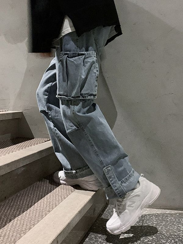 Jeans sueltos con parche de bolsillo lavado para hombre-1