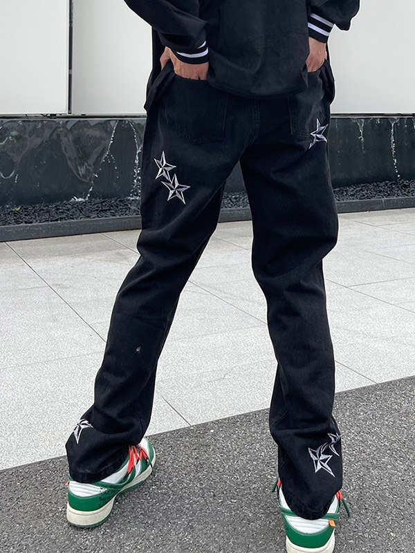 Jeans sueltos negros con estrellas bordadas para hombre-2