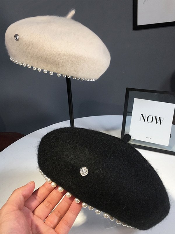 Boina de mezcla de lana adornada con perlas de imitación-2